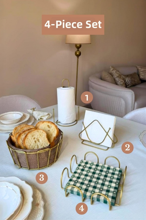 Set of 4 Matte Gold Square Napkin Holders, Triangular Napkin Holders, Upright Paper Towel Holders, Oval Corner Bread Basket with Divider