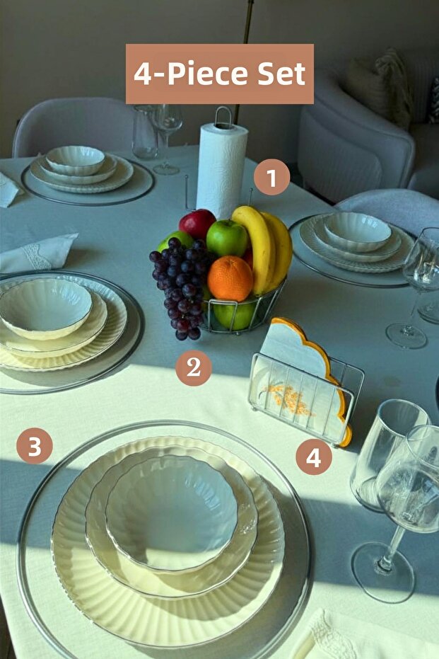 Set of 4 Matte Silver 6-Piece Supla Cage Napkin Holder Upright Paper Towel Holder Oval Corner Fruit Basket Kitchen Set