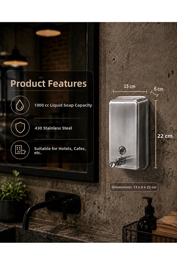 1000 Cc Stainless Steel Liquid Soap Dispenser Wall Mounted Hotel Cafe Restaurant Type Metal Soap Dispenser
