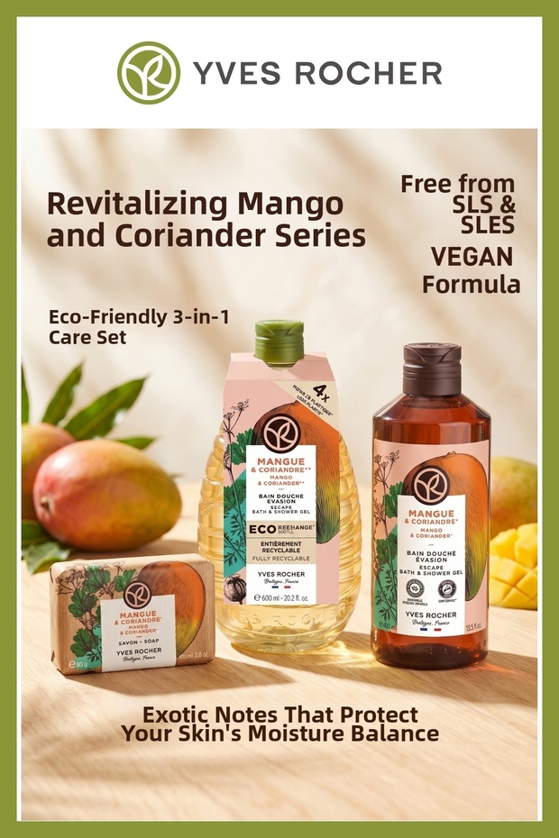 600 ml Refill + 400 ml Gel + 80 Gr Soap Mango Coriander Vegan Moisturizing Shower Set