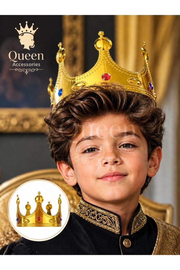 Luxurious Looking Stone King Prince Boy's Crown Mica Unbreakable Plastic Crown Party Costume Accessory Gold Gold