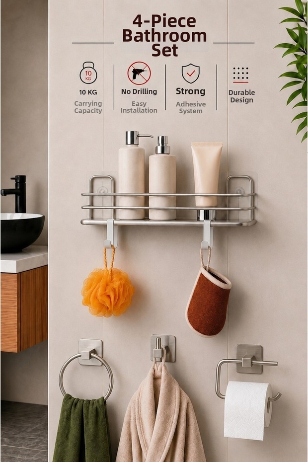 Bathroom Organizer Set 4 Pieces Adhesive Shampoo Holder Toilet Paper Holder Towel Holder Hanger Tss-01 Chrome