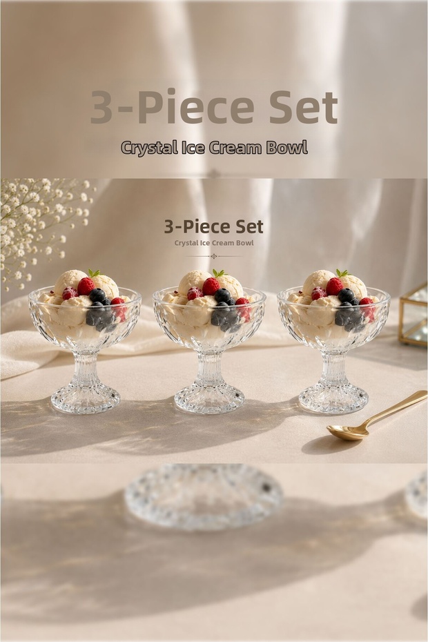 Crystal Glass Ice Cream Bowl Set of 3 with Stands for Dessert Presentation Cup