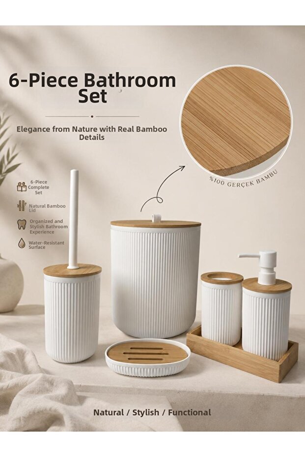 Linea White Real Bamboo Detailed 6-Piece Bathroom Set with Tray
