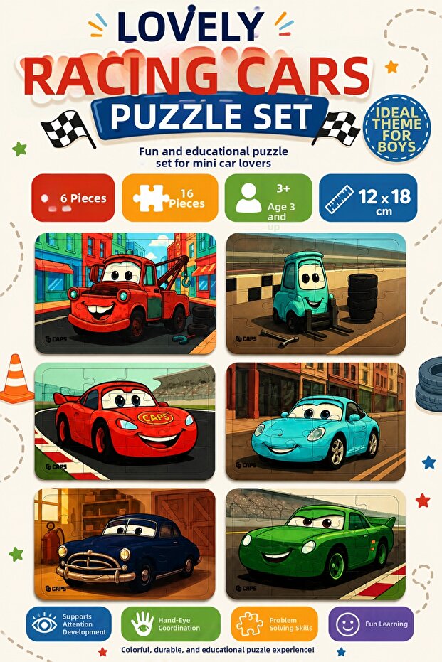 6 Pieces Cute Racing Cars Puzzle Set 16 Pieces Educational Children's Puzzle 3 Years+ 12X18 cm