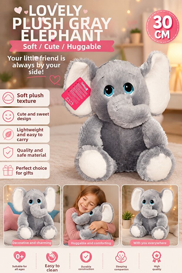 Cute Plush Gray Elephant 30 cm Soft Textured Big-Eyed Cuddle Toy