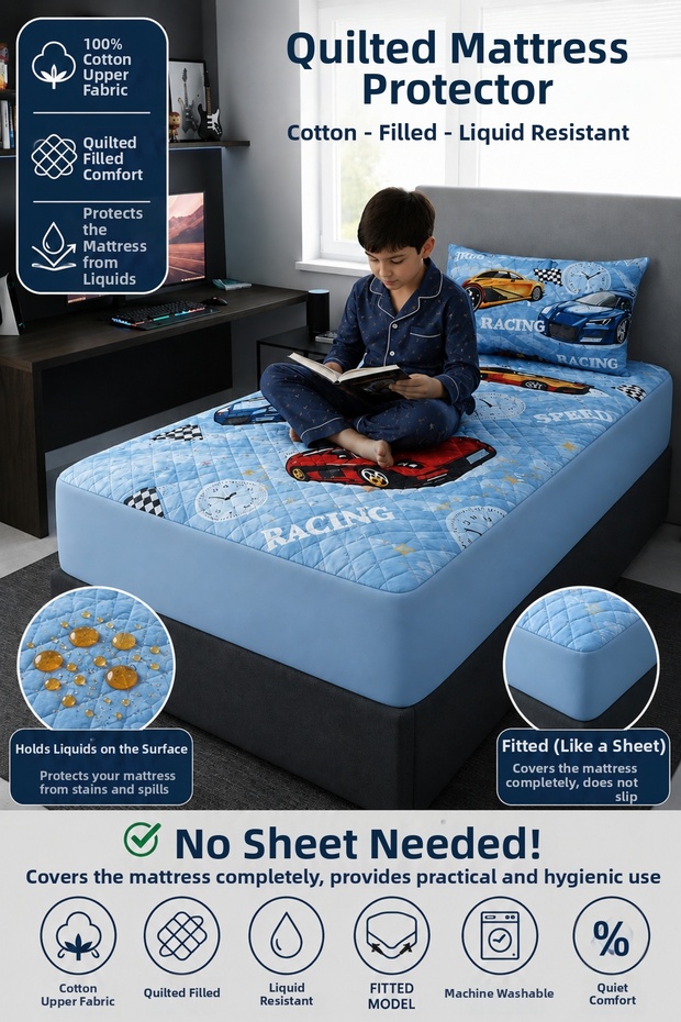 Cotton Quilted Car Patterned Liquid Waterproof Fitted Mattress Protector Mattress Cover No Need for Sheets Single Size | Pillowcase Included