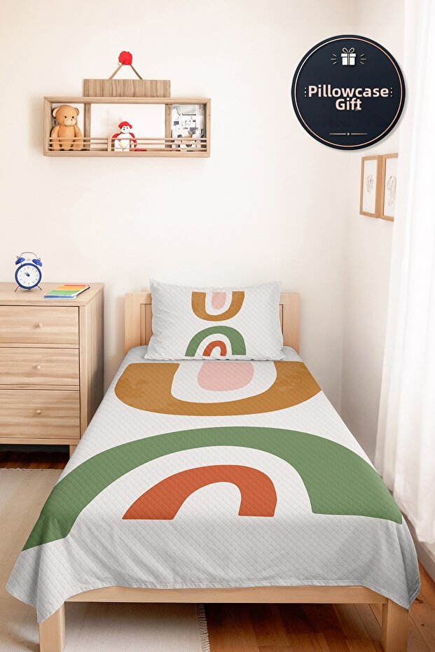 Boho Pastel Rainbow Green Young Room Single Pique Set - Salmon Beige 160X220 cm Bedspread