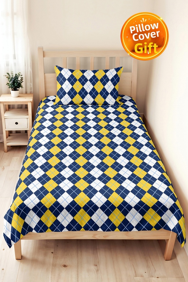 Navy Blue Yellow Geometric Youth Room Single Pique Set - Plaid 160X220 cm Quilted Bedspread