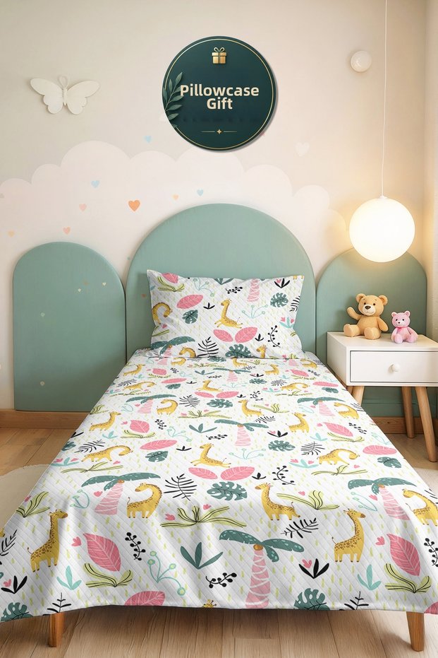 Safari Giraffe Pastel Children's Room Single Pique Set - Tropical Green 160X220 cm Bedspread