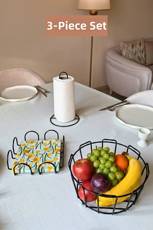 Set of 3 Black Square Napkin Holders, Vertical Paper Towel Holders, Oval Corner Fruit Basket, Kitchen Set