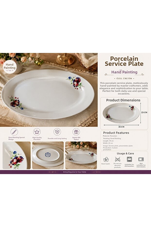 Hand Painted Porcelain Serving Plate 35X23 cm Special Production Oval Presentation Plate Decorative