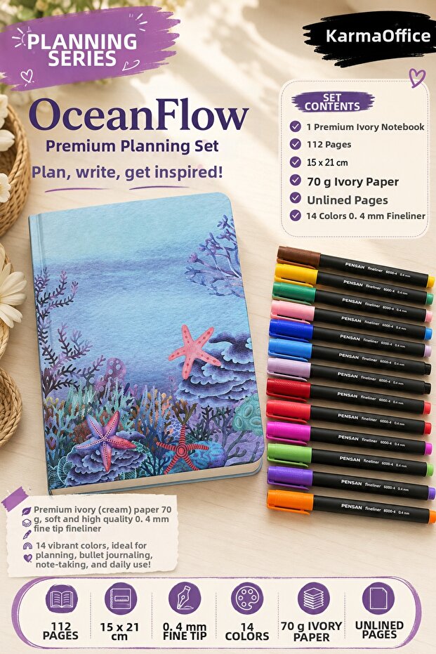 Ocean Flow Planning Series Premium Ivory Notebook and 14 Colors 0.4 mm Fineliner Pen Set | 112 Sheets 15X21 cm Unlined Notebook | Bullet Journal, Journal and Note-Taking Set