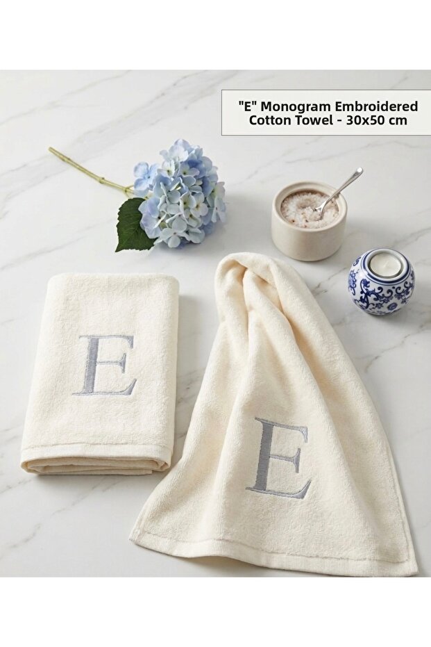Monogram Letter E Silver Embroidered Cotton Towel 30X50 cm