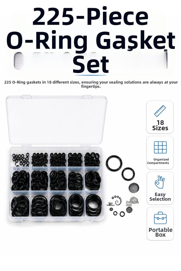 225-piece professional o-ring and seal kit - water, oil, and air leak repair set