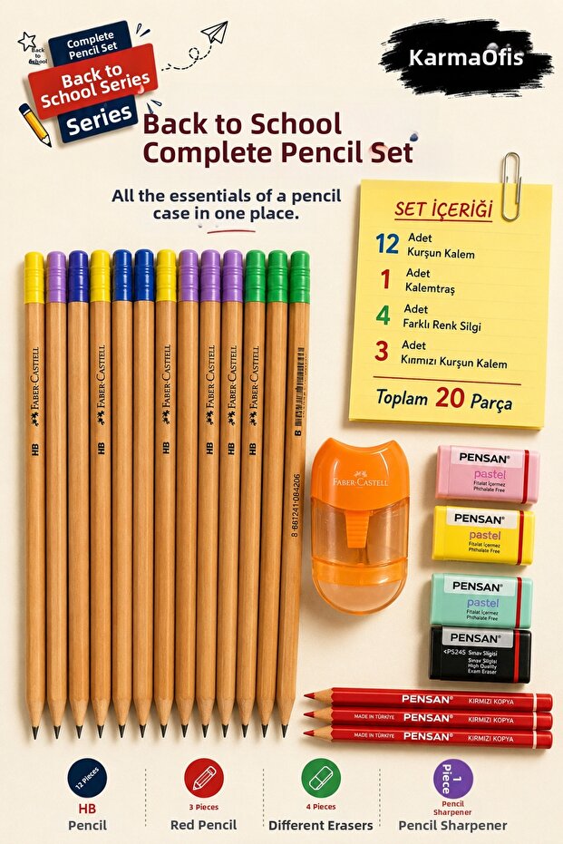 Back to School Pen Set 20 Pieces | Natural Pencil with Eraser, Eraser, Orange Sharpener, and Red Pencil