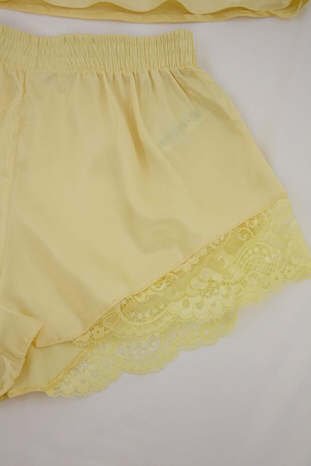 Sarı Dantelli İp Askılı Saten Şortlu Dokuma Pijama Takımı THMSS22PT0269 - 6