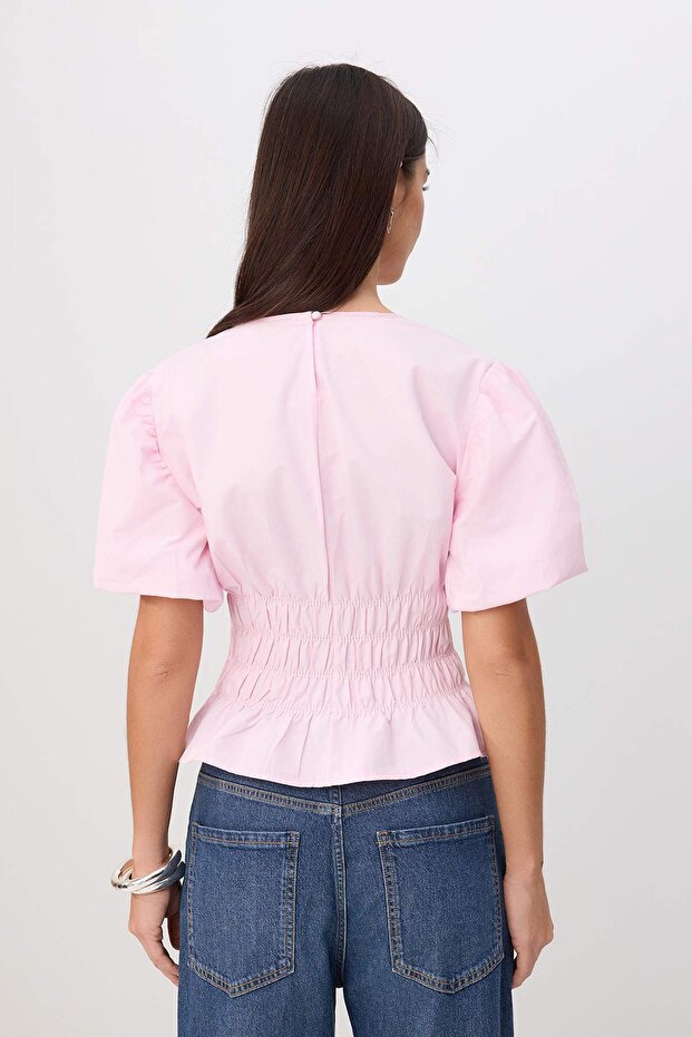 Pembe Beli Lastikli Dokuma Bluz TWOSS26BZ00863 - 4