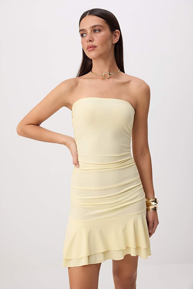Sarı Straplez Katlı Dokuma Kısa / Mini Party Sandy Elbise TPRSS26EL00284 - 3