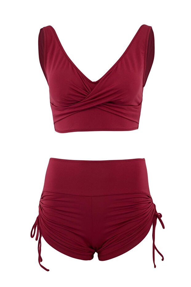Bordo Tünelli Bralette Kaplı Bağlama Detaylı Şort Bikini Takımı TBESS26BT00007 - 5
