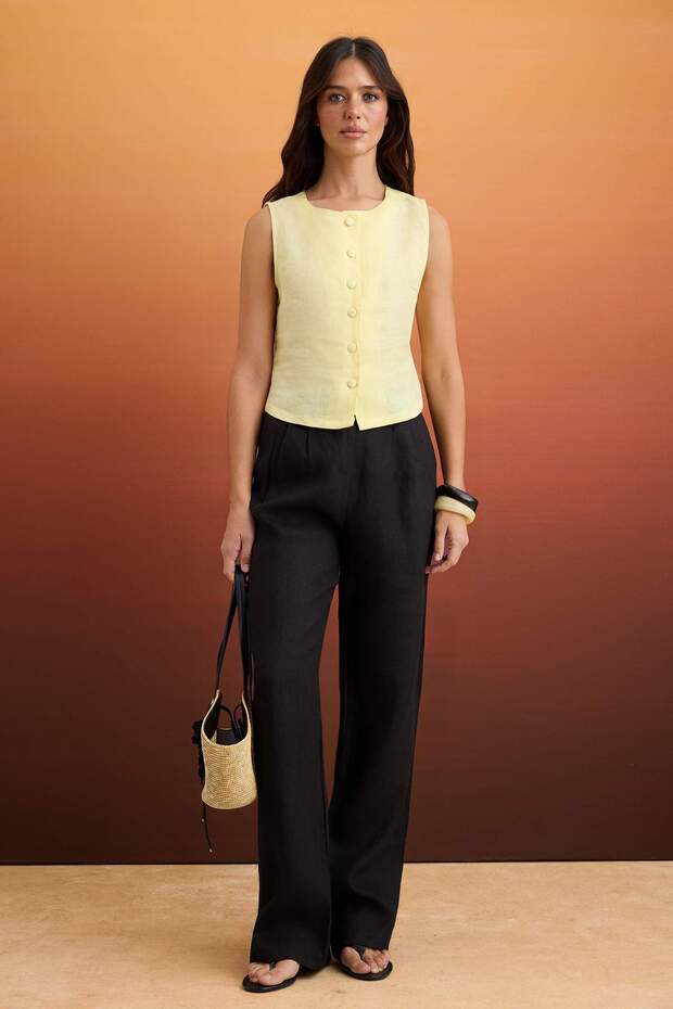 Siyah  %100 Keten Pileli Yüksek Bel Wide Leg Pantolon TWOSS26PL00050 - 1