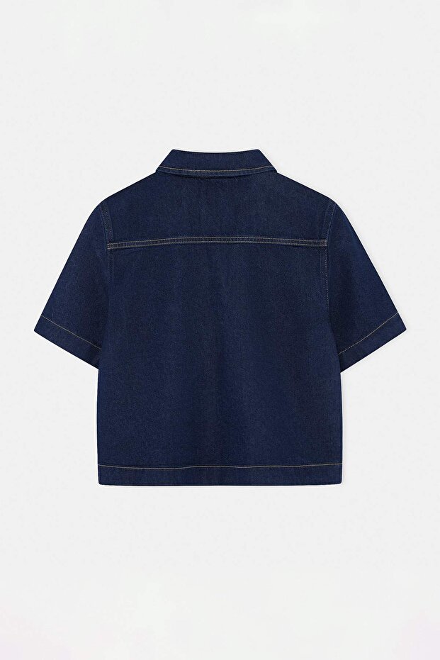Lacivert Tencel Karışımlı Kısa Kol Düğme Detaylı Denim Gömlek TWOSS26GO00193 - 7