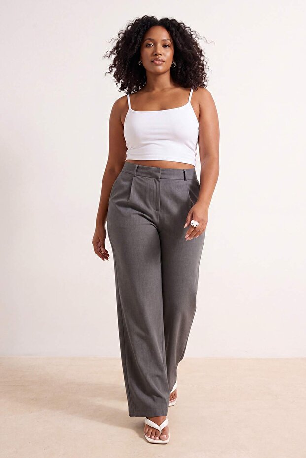 Gri Lastik Belli Wide Leg Büyük Beden Dokuma Pantolon TBBAW26AR00019 - 1