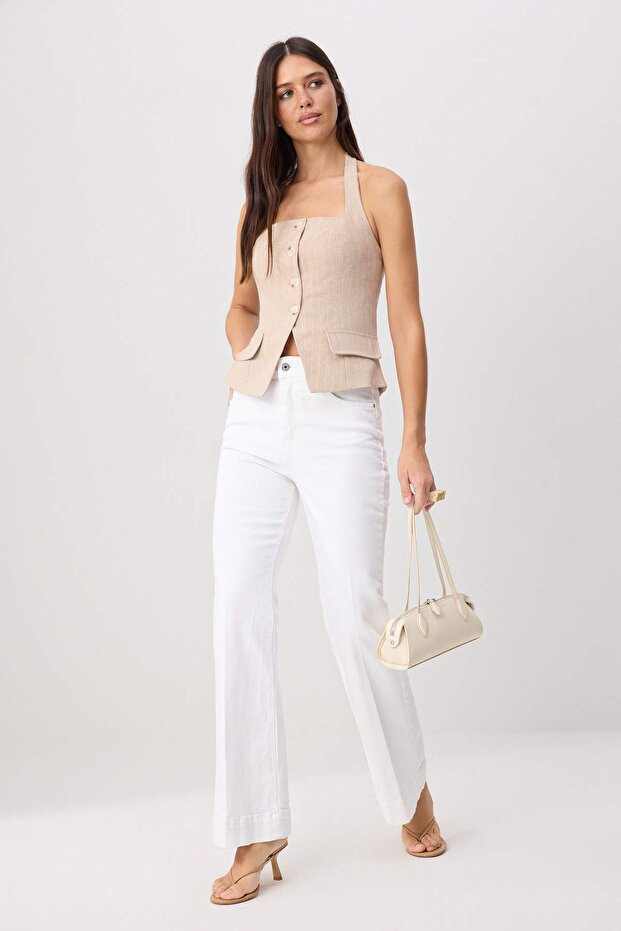 Beyaz Yüksek Bel Ütü İzli Az Esnek Wide Leg Jeans TWOSS26JE00191 - 2