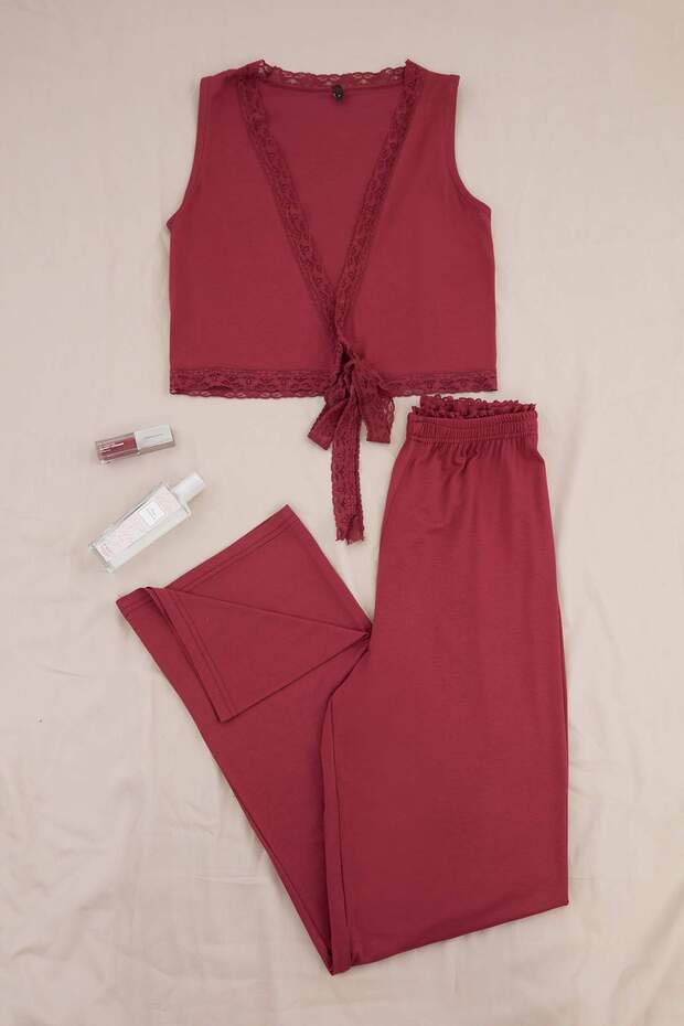 Bordo Kruvaze Dantel Detaylı Viskon Örme Pijama Takımı THMSS26PT00061 - 5