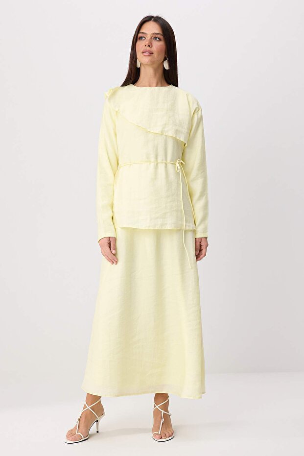 Pastel Sarı More Sustainable Modal Kumaş Takım Görünümlü Dokuma Tesettür Elbise TCTSS26EB00031 - 1