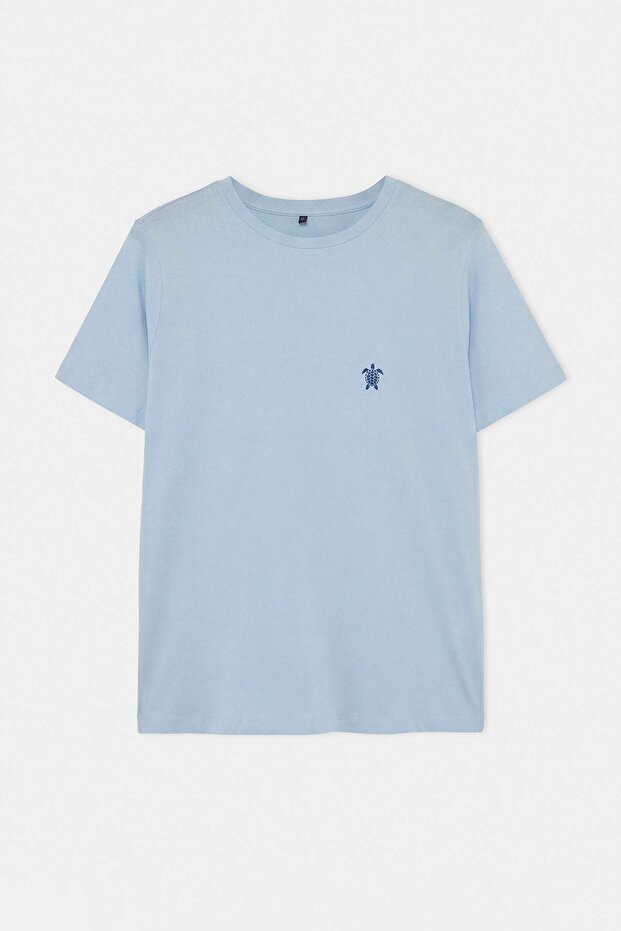 Açık Mavi Nakışlı Regular %100 Pamuk Büyük Beden Örme T-Shirt TBBSS26BF00091 - 5