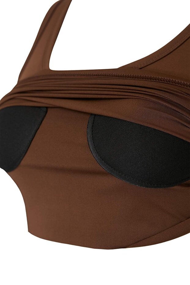 Kahverengi Kahverengi Fırçalı Soft Kumaş Örme Büyük Beden Spor Üst/Bluz TBBSS26AF00206 - 6