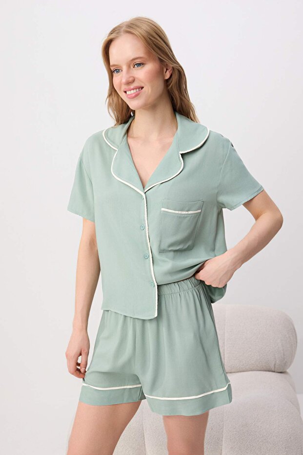 Mint Biye Detaylı Viskon Şortlu Dokuma Pijama Takımı THMSS24PT00051
