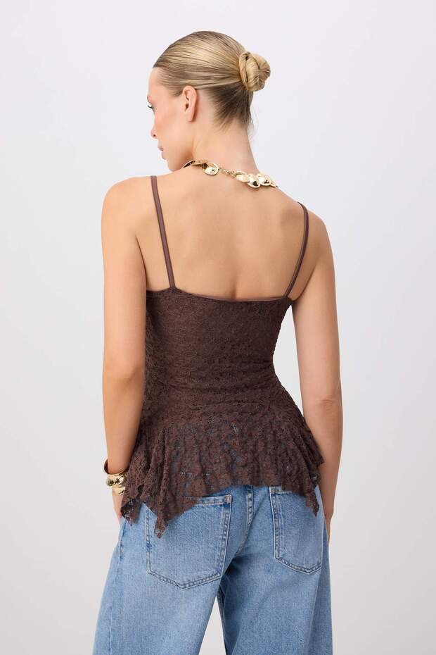 Kahverengi Beyaz Asimetrik Detaylı Dantel Örme Party Bluz TPRSS26BZ00104 - 3