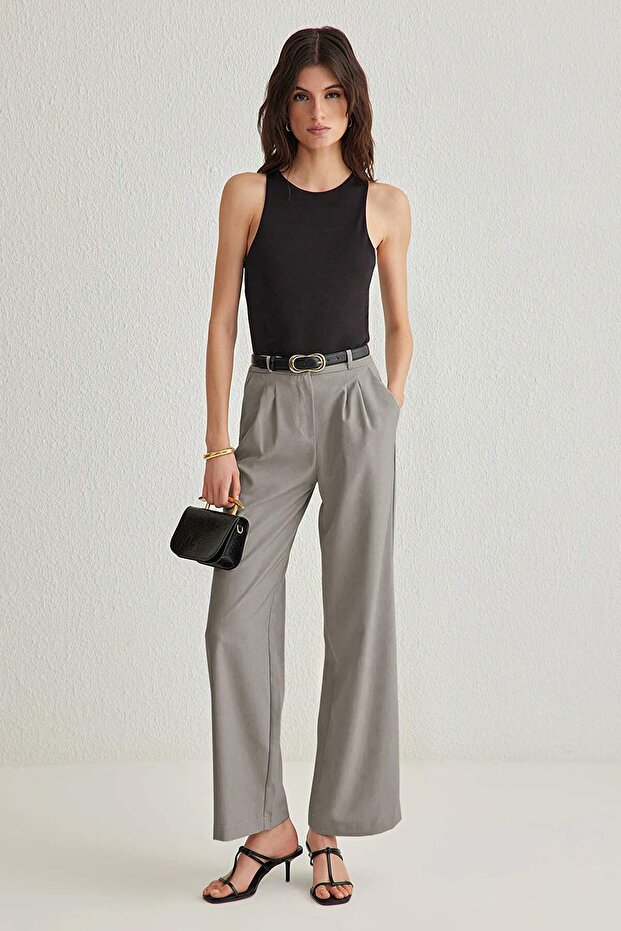 Açık Gri Wide Leg/Geniş Paça Pilili Dokuma Pantolon TWOAW22PL0475 - 1