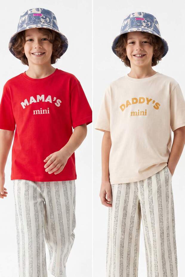 Ekru-Kırmızı 2'li Baskılı Unisex Örme T-Shirt TKDSS26TS00069 - 1