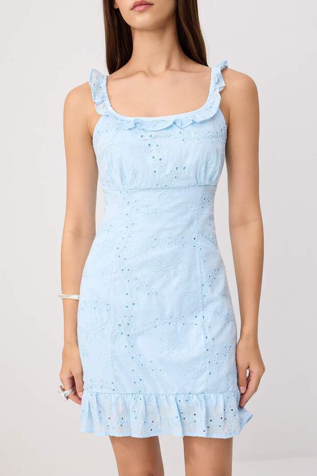 Açık Mavi Dokulu Brode Kısa / Mini Dokuma Elbise TWOSS26EL00518 - 3