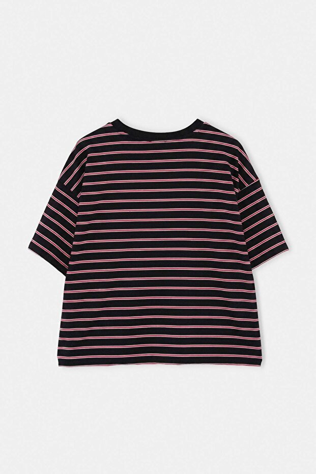 Siyah Çizgili Boxy/Relaxed Kalıp Kısa Kollu Pamuk Karışımlı Örme T-Shirt TBBSS26BF00088 - 3