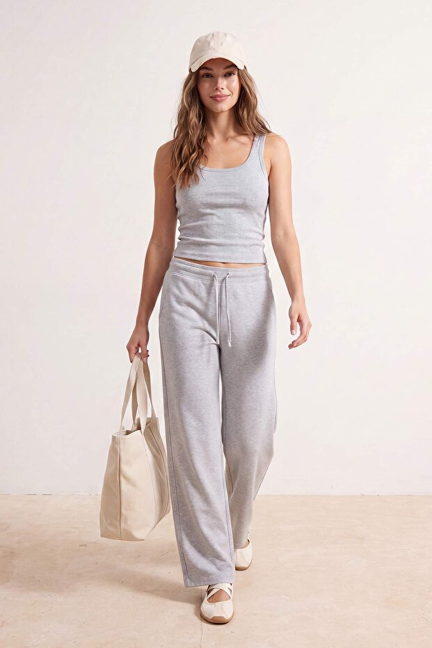 Wardrobe Essentials-Gri Melanj Fitted/Vücuda Oturan İspanyol Paça Örme Alt-Üst Takım TWOSS26AU00010 - 2