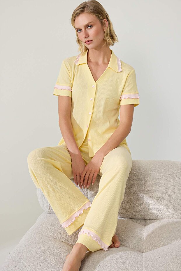 Sarı %100 Pamuklu Fırfırlı Pointel/Fitilli Örme Pijama Takımı THMAW27PT00031