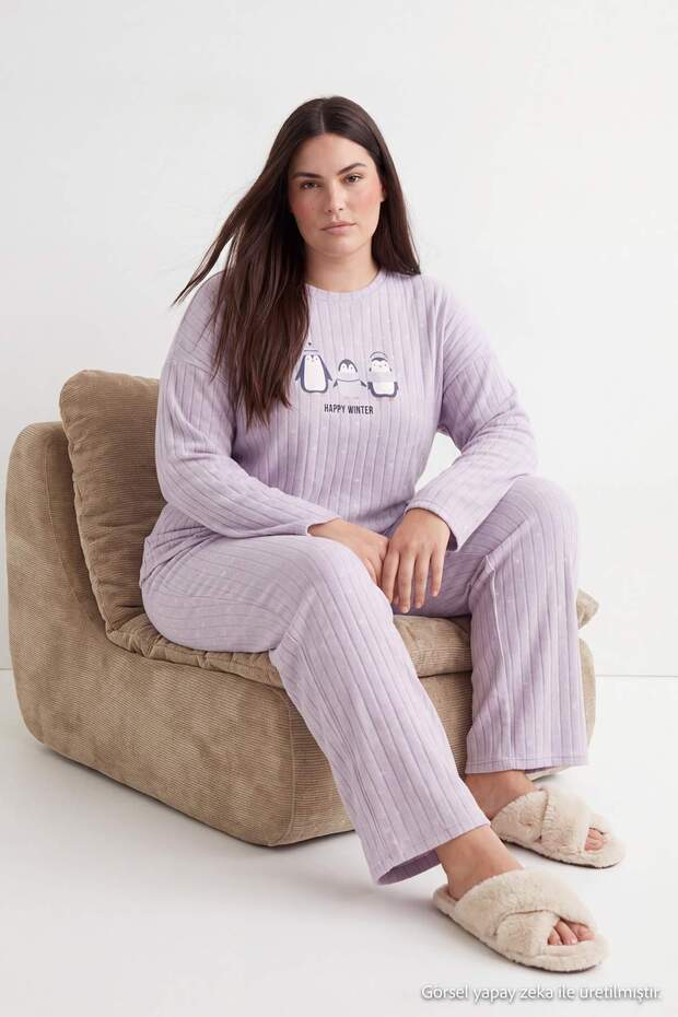 Gri Penguen Patchli Polar Örme Pijama Takımı TBBAW27AI00022