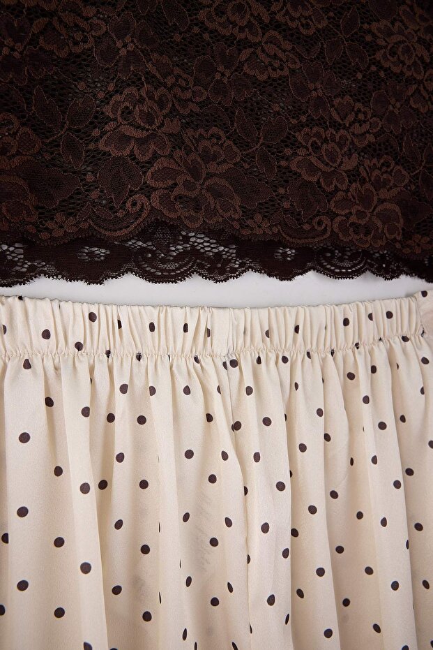 Ekru-Kahverengi 3'lü Çeyiz Set Üst Dantel, Alt Saten Askılı Külotlu Dokuma Pijama Takımı THMAW26PT00077 - 13