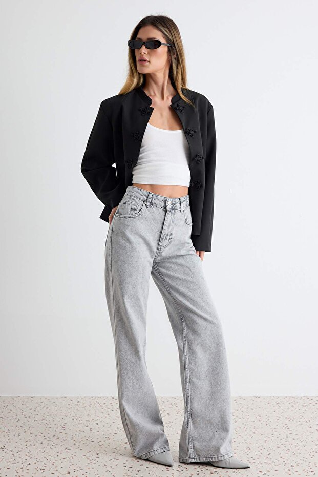 Gri Yüksek Bel Wide Leg Geniş Paça %100 Pamuk Non-Stretch Jeans TWOAW25JE00178 - 2