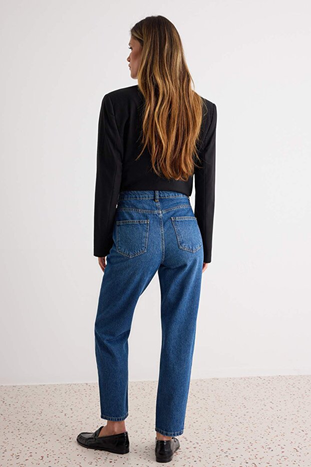 Koyu Mavi Yüksek Bel Mom %100 Pamuk Non-Stretch Jeans TWOAW24JE00076 - 5