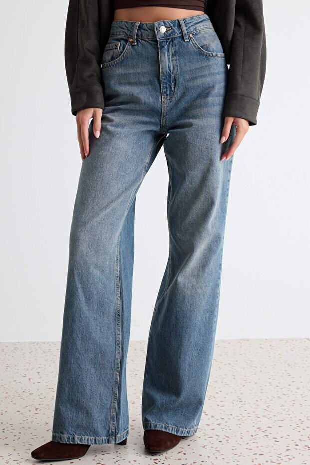 Indigo Yüksek Bel Wide Leg Geniş Paça %100 Pamuk Non-Stretch Jeans TWOAW24JE00089 - 3