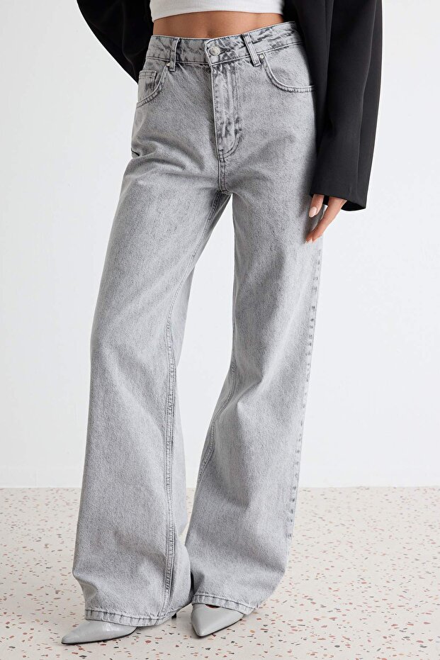 Gri Yüksek Bel Wide Leg Geniş Paça %100 Pamuk Non-Stretch Jeans TWOAW25JE00178 - 3