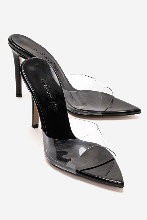 Women's Pointed Toe Thin Heeled Transparent Strap Slippers Sona Black Patent Leather