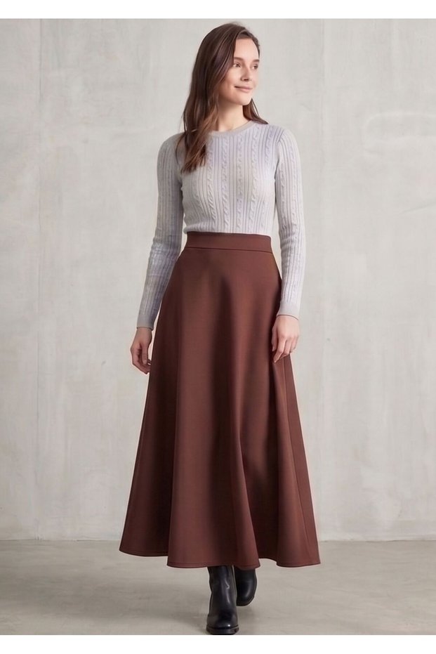 Women's Brown Mevlana Skirt Long Length Dalgıç Fabric Hijab Daily Stylish Flared Skirt