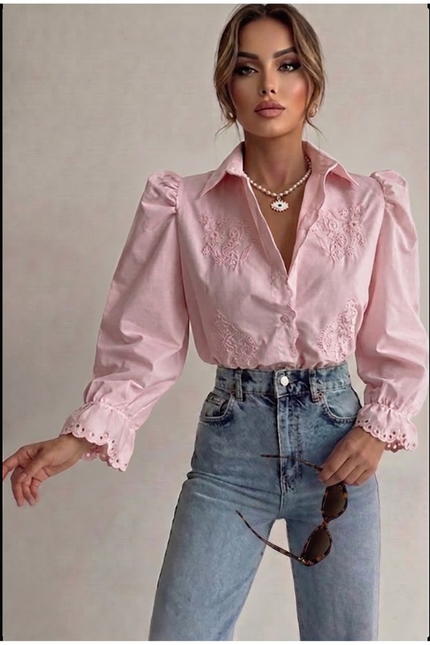 Women's Powder Scallop Detailed Princess Vintage Shirt
