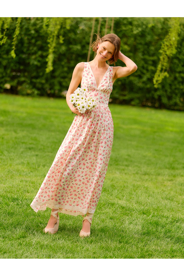 Floral Pink Women's Dress with Bow and Lace Detail 6Sak80160Ew